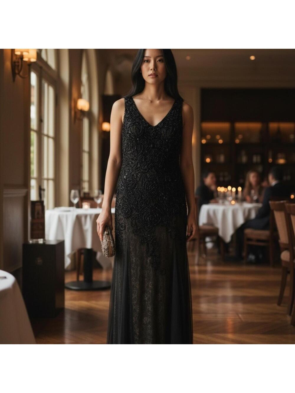 Adrianna Papell Black Beaded Illusion Back Evening Gown Size 12